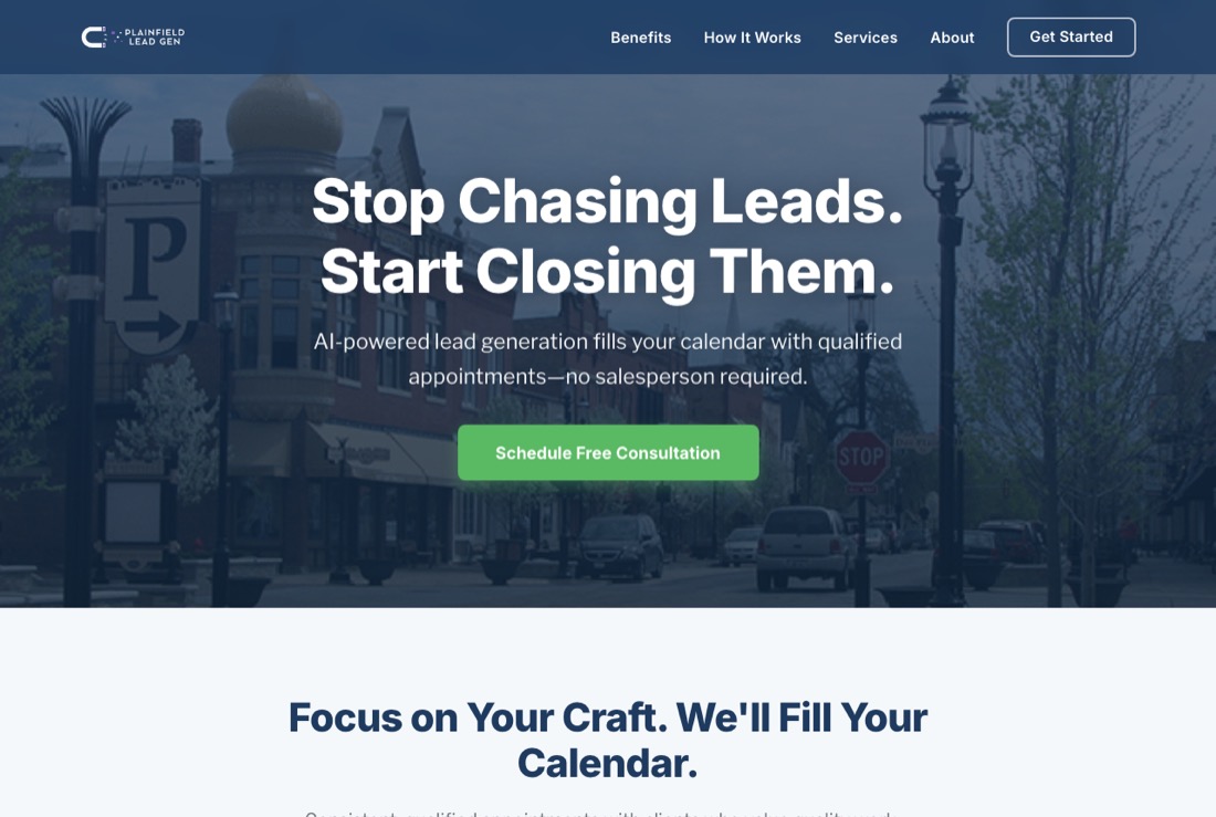 The Plainfield Lead Gen homepage, live